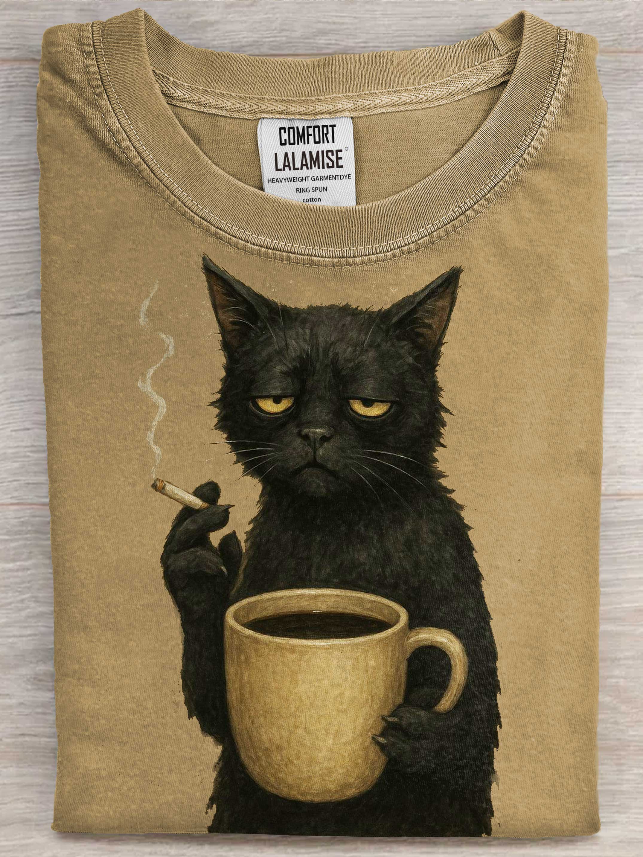 Good Morning Black Cat Funny Art Print Causal Cotton Short Sleeve T-shirt