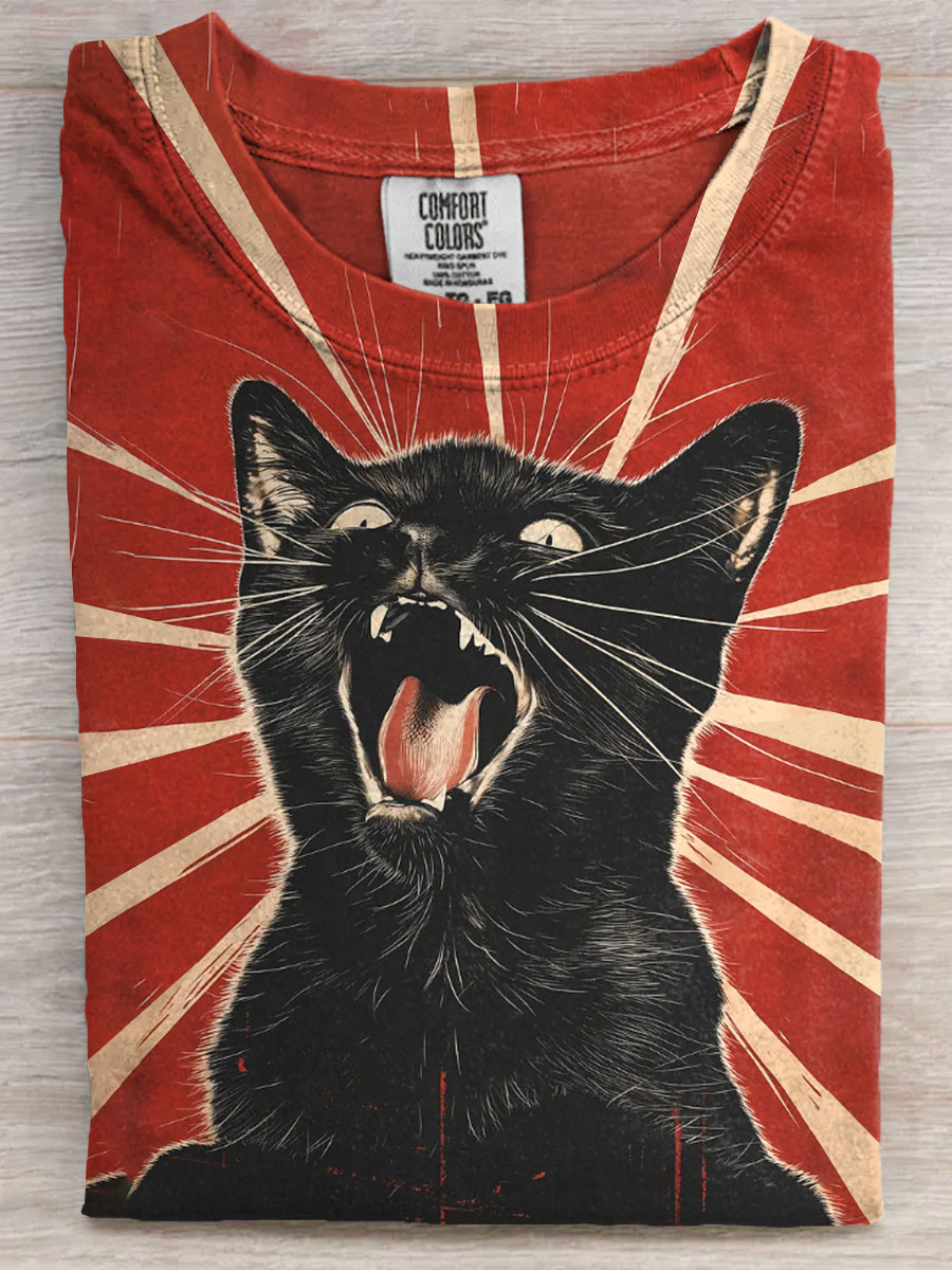 Vintage black Cat Art Print Casaul Short Sleeve T-shirt