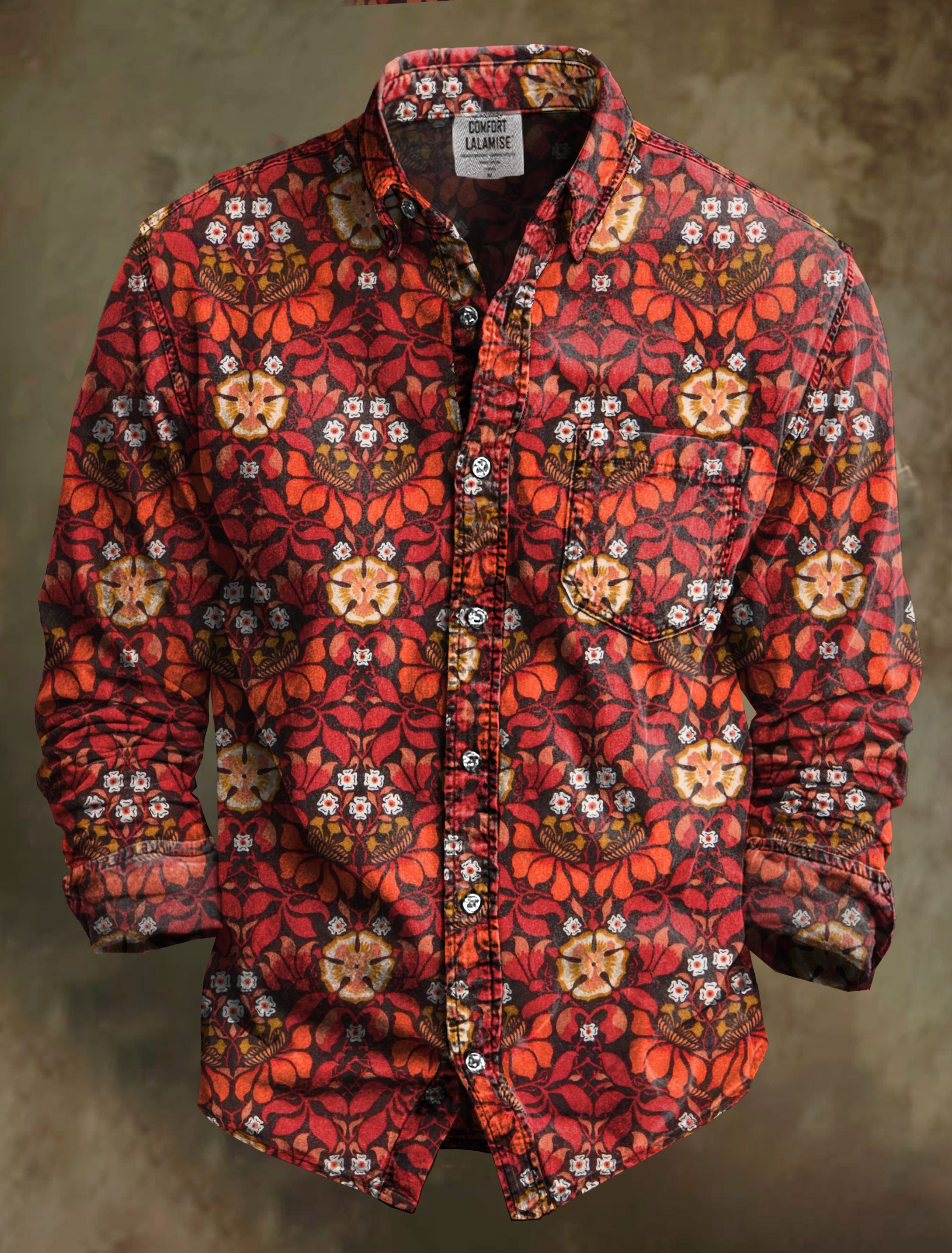 Classic Revival Damask Flower Art Print 100% Cotton Long Sleeve Shirt