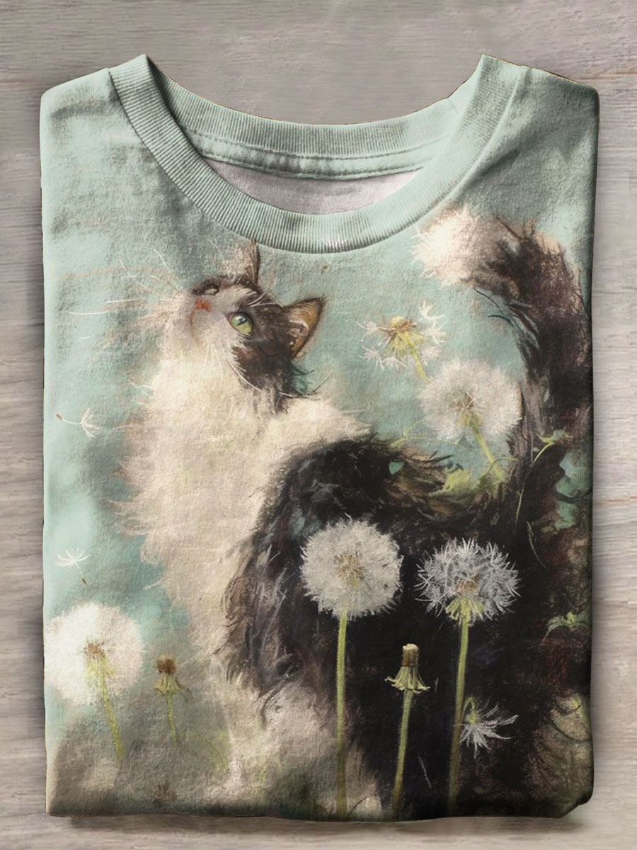 Dandelion Cat Print Casual T-shirt