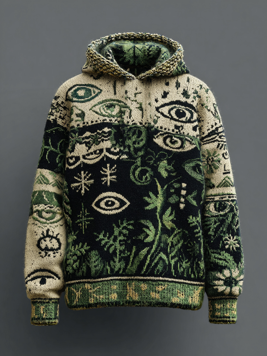 Retro Casual Eye Plant Jacquard Art Print Casual Knitted Hoodie Sweater