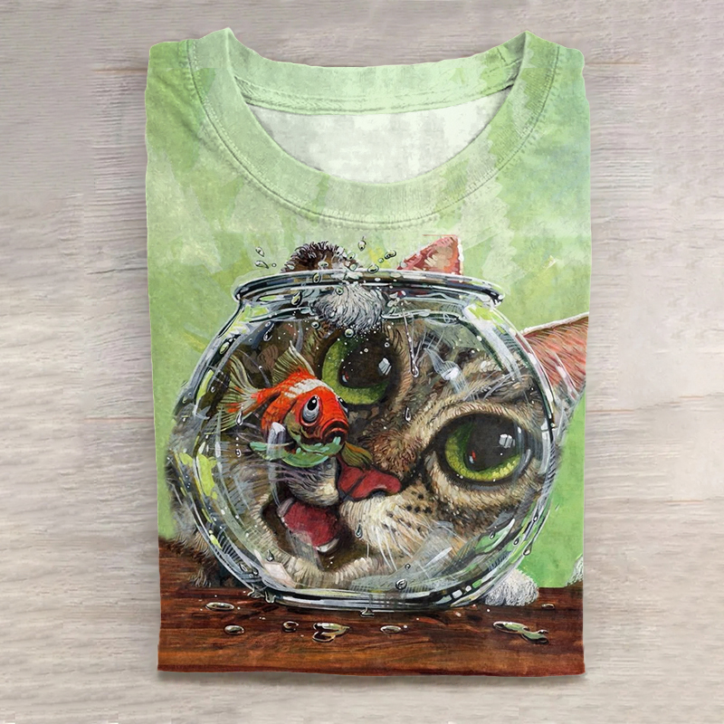 Abstract Creative Cute Greedy Cat Art Print Cotton Graphic T-shirt
