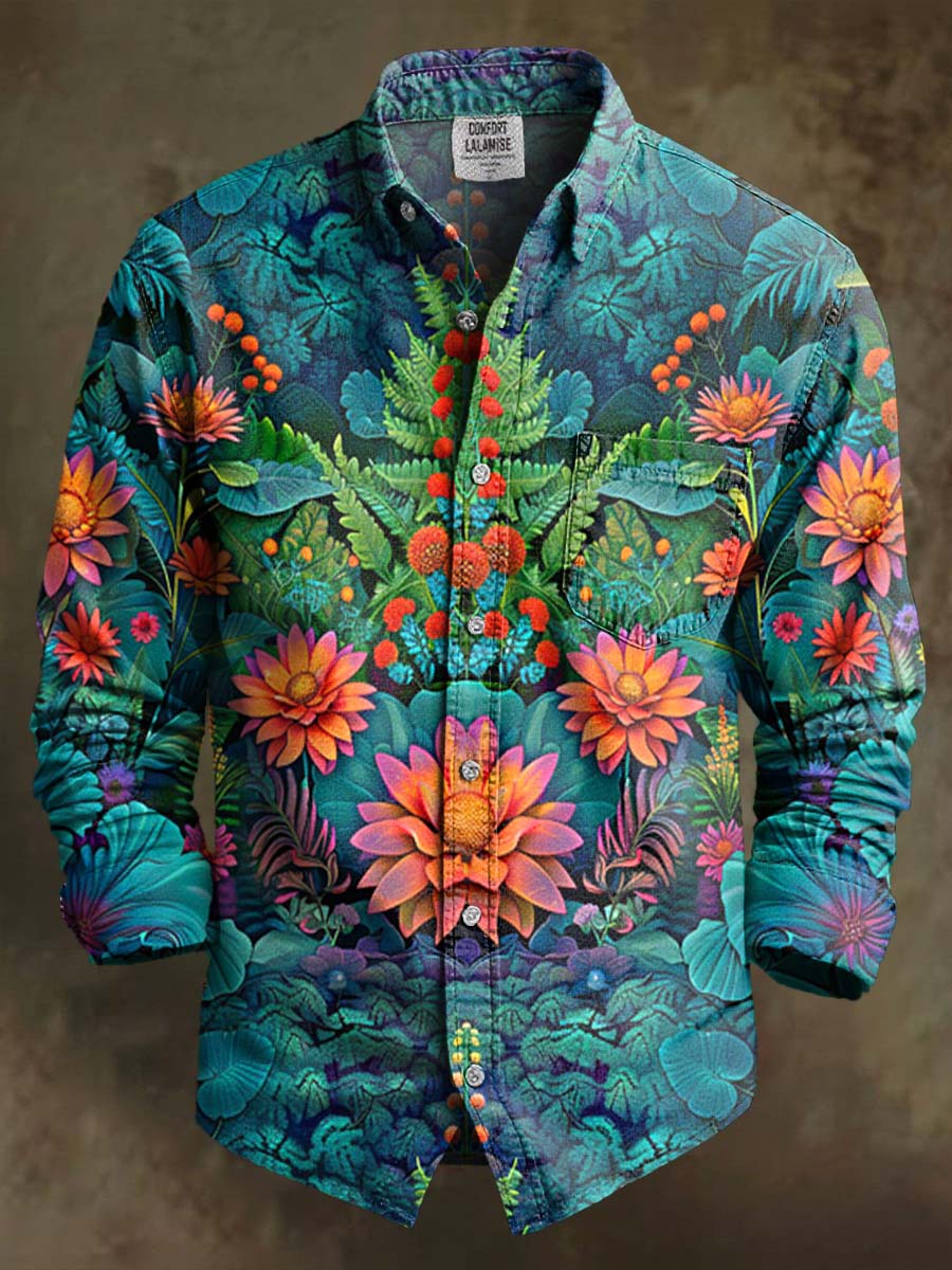 Colorful Flower Symmetry Art Print 100% Cotton Long Sleeve Shirt