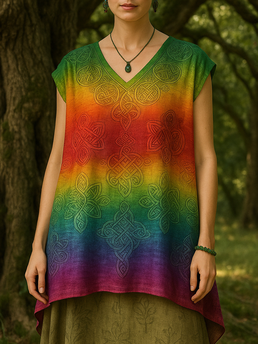 Rainbow Stripe Floral Art Print Casual Top