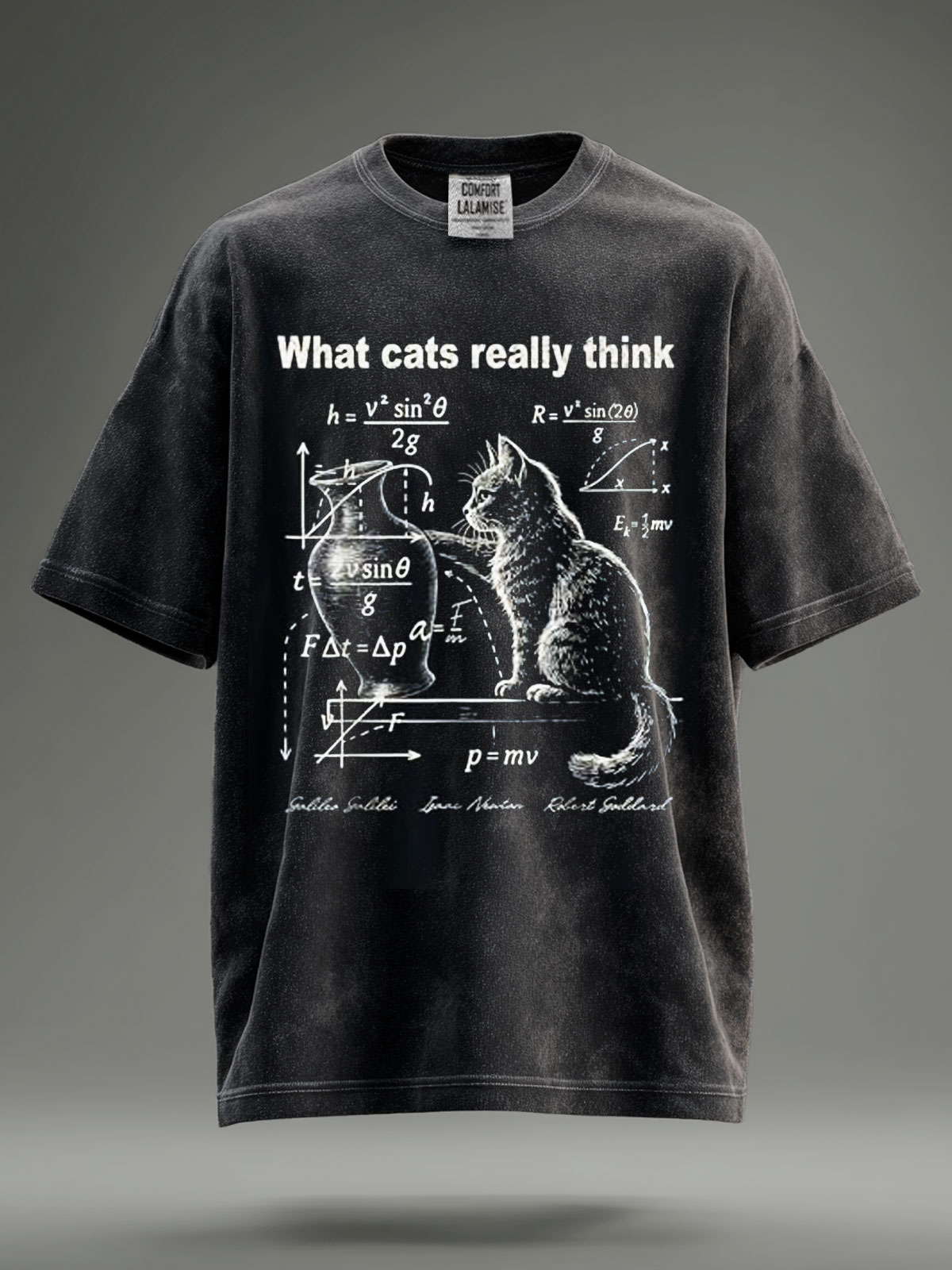 Funny Cat Physics Humor Design What Cats Really Think Retro Distressed Washed Cotton T-shirt