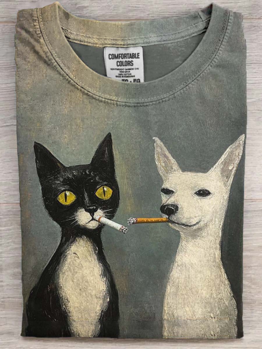 Funny Cat and Dog Smoking Print Casual Short Sleeve T-Shirt