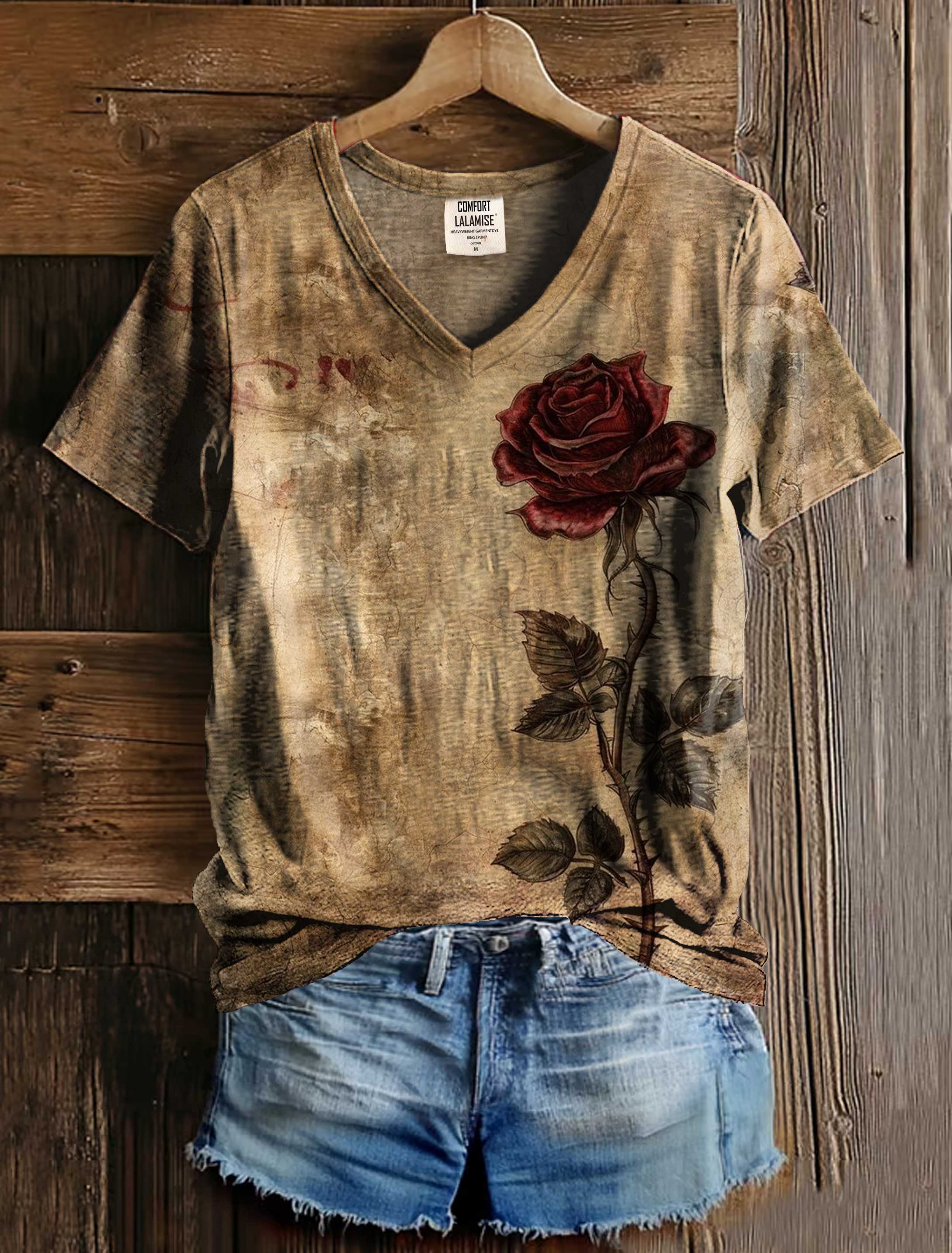 Vintage Rose Art Print V-neck Casual T-Shirt