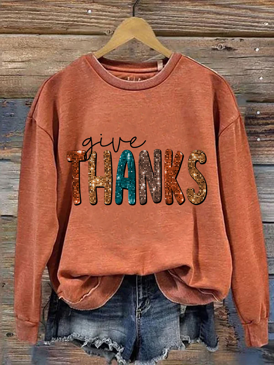 Give Thanks Pumpkin Thanksgiving Day Print Casual Sweatshirt