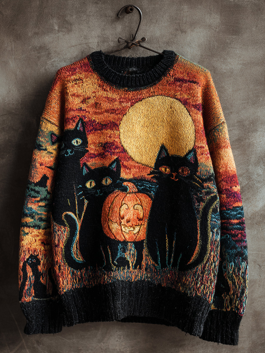 Retro Halloween Pumpkin Black Cat Print Knit Pullover Sweater