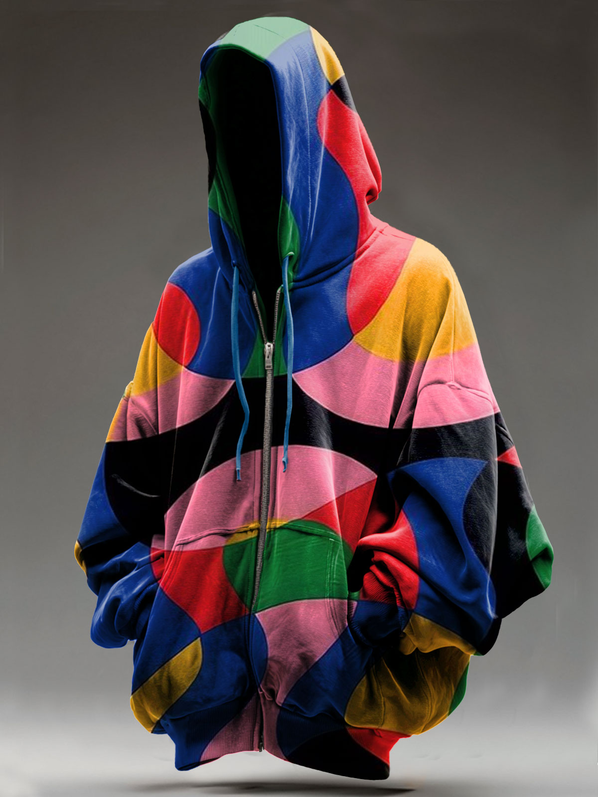 Color Block Art Print Casual Zip Hoodie Sweatshirt