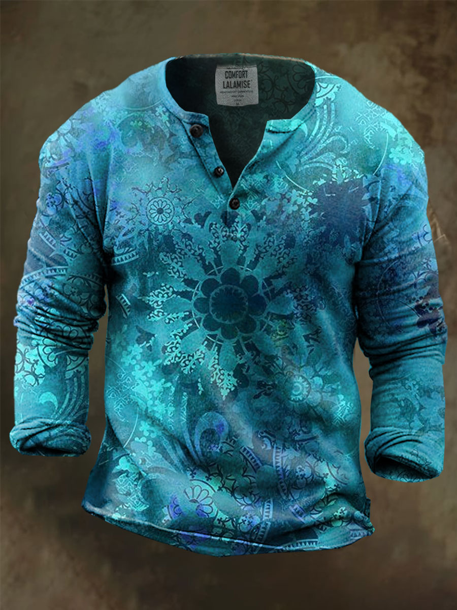 Blue Mandala Art Print Henley Sweatshirt
