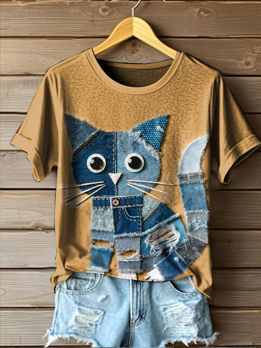 Cute Cat Art Print Casual T-shirt