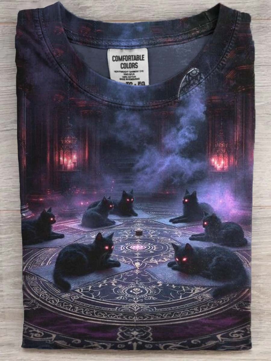 Halloween Black Cat Print Casual Short Sleeve T-Shirt