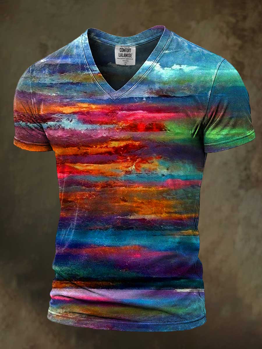 Abstrct Night by the sea Art Print Casaul Short Sleeve V-neck T-shirt