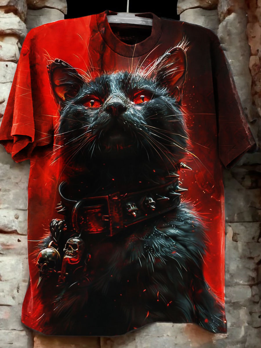 Dark Cat Print Casual T-shirt