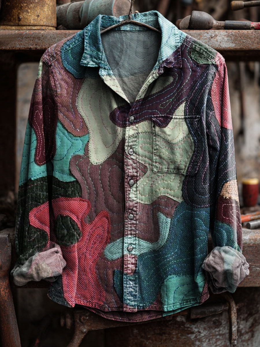 Vintage Contrasting Patchwork Art Print 100% Cotton Long Sleeve Shirt