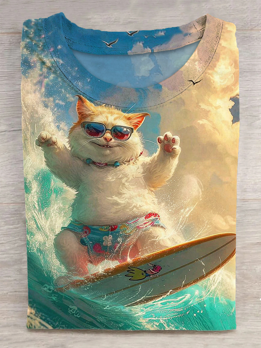 Unisex Surfing Cat Printed Vintage Fashion Loose Short Sleeve T-Shirt