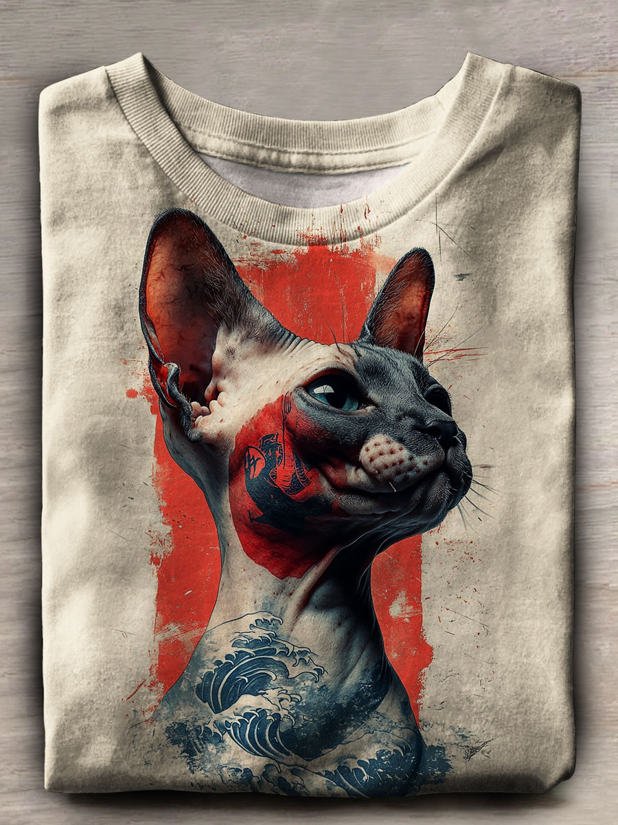 Vintage Cat Print Casual T-shirt