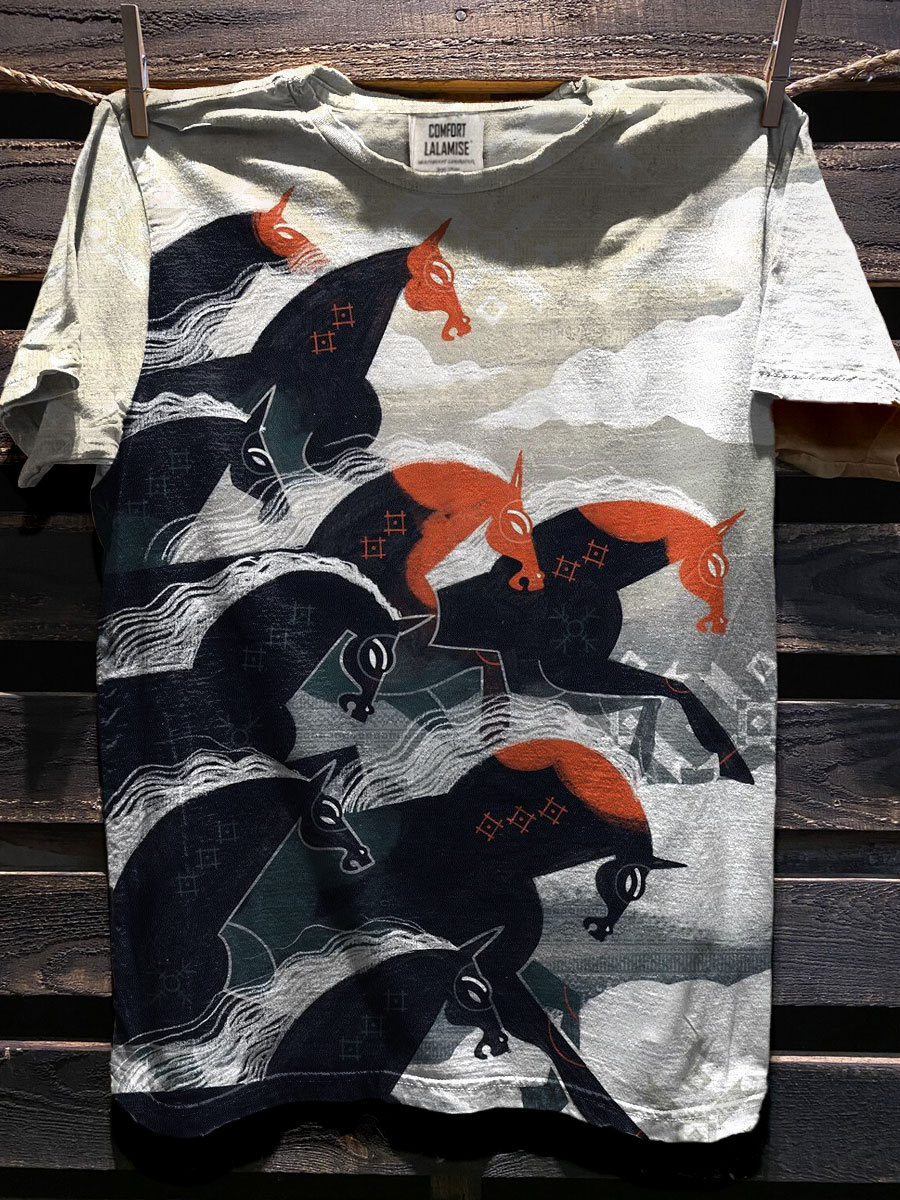 Retro Abstrct Horse Running Art Print Casual Cotton Short Sleeve T-shirt