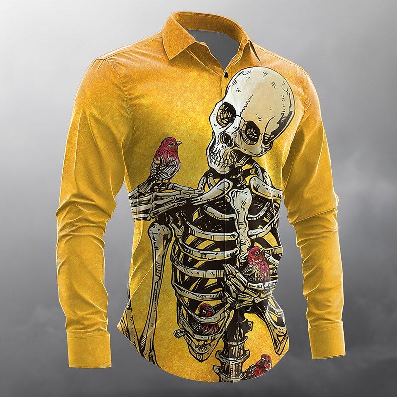 Skull and Bird Art Print 100% Cotton Long Sleeve Shirt