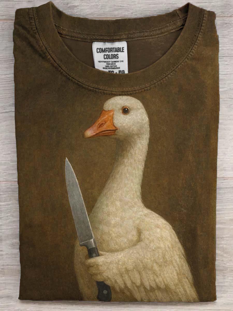 Funny Playing Knife Duck Print Casual Short Sleeve T-Shirt