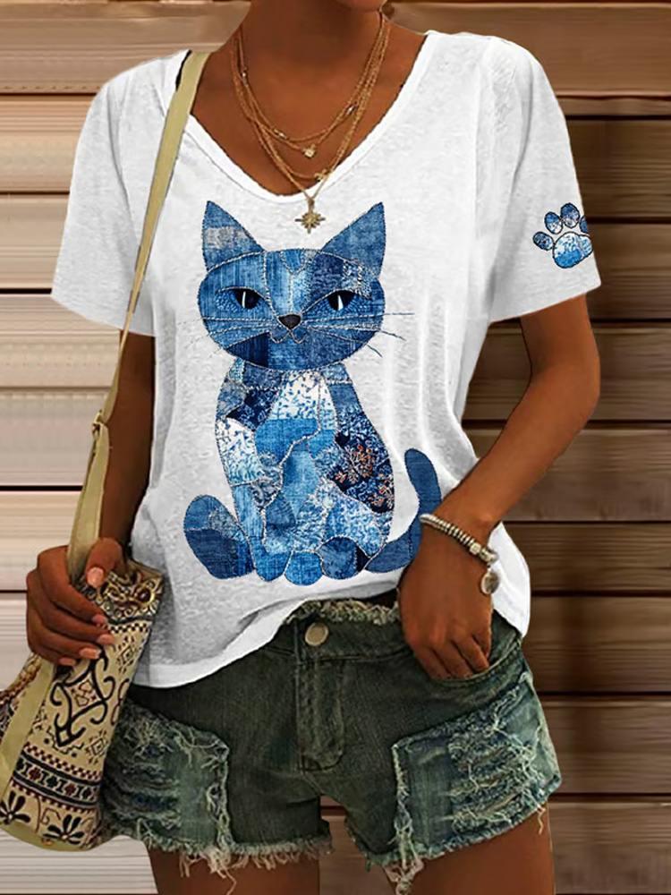 Women's Retro Animal Cat Print V-neck T-shirt