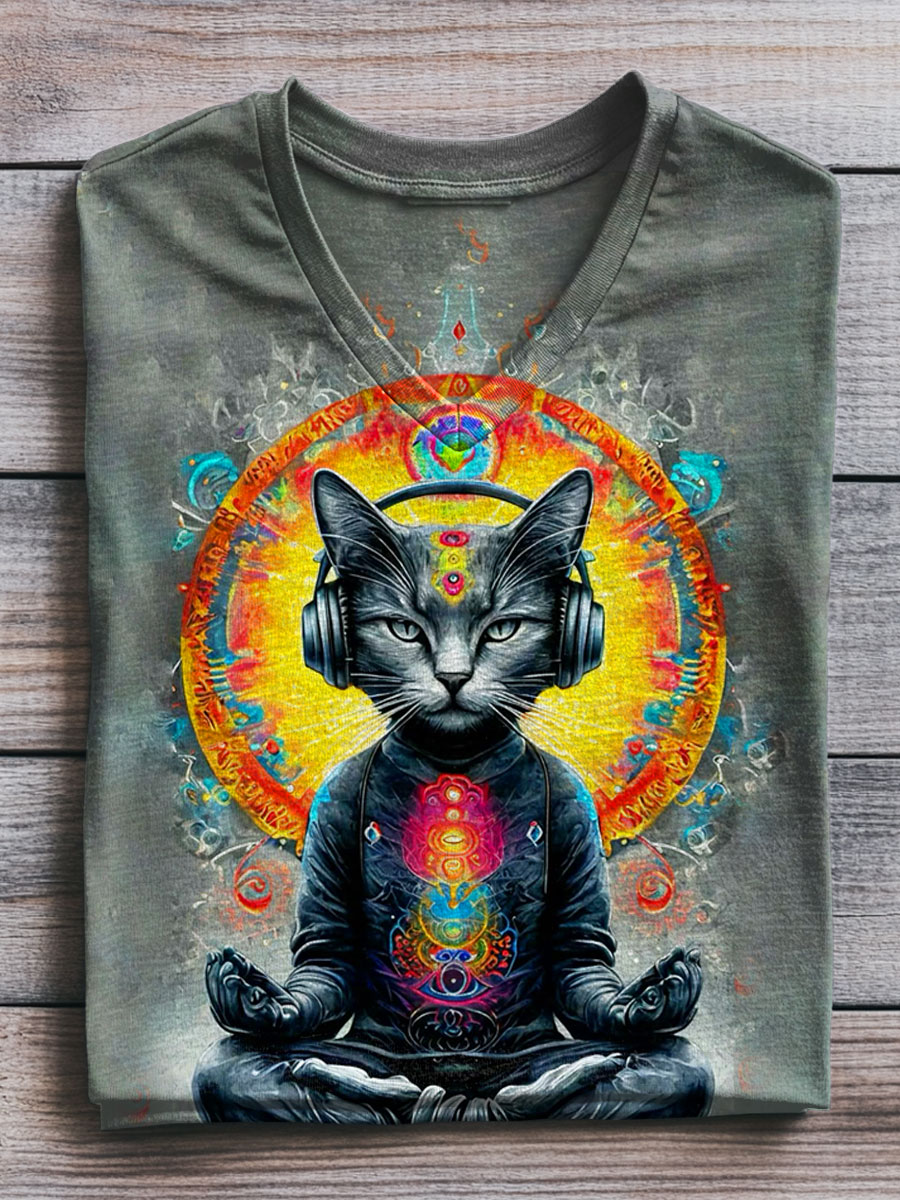 Fancy Yoga Cat Meditation Music Art Print  V-neck Casual T-Shirt