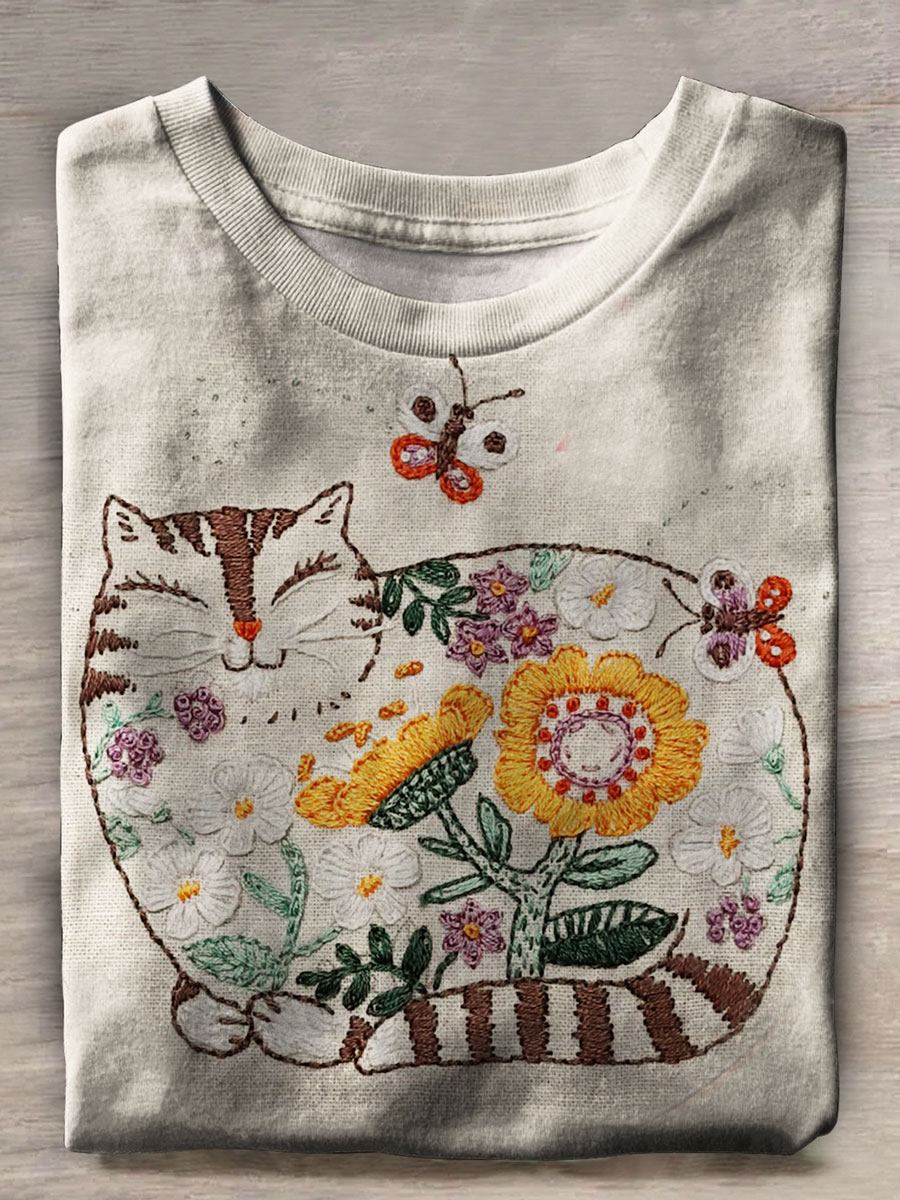 Flower Cat Art Print Casual T-shirt