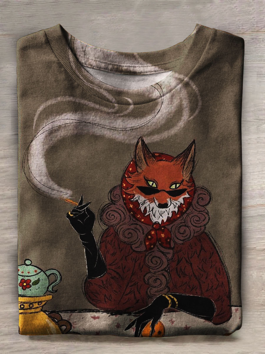 Vintage Fox Art Print Casual Top