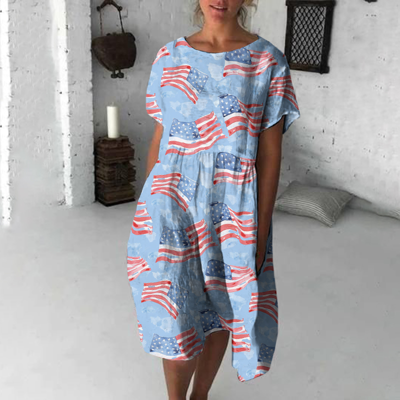 Independence Day Flag Print Loose Midi Dress