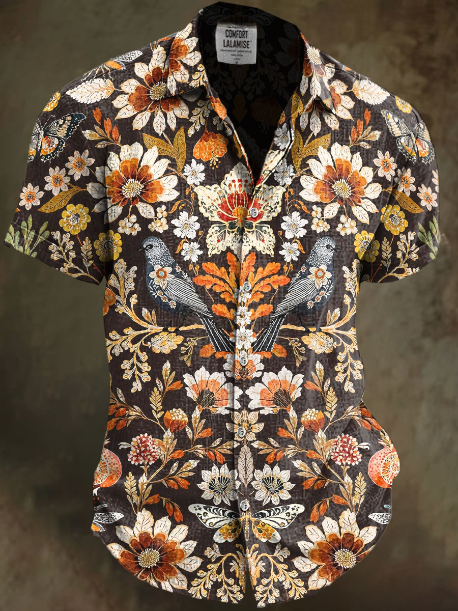Bird With Floral Art Print Casual Cotton And Linen Shirt