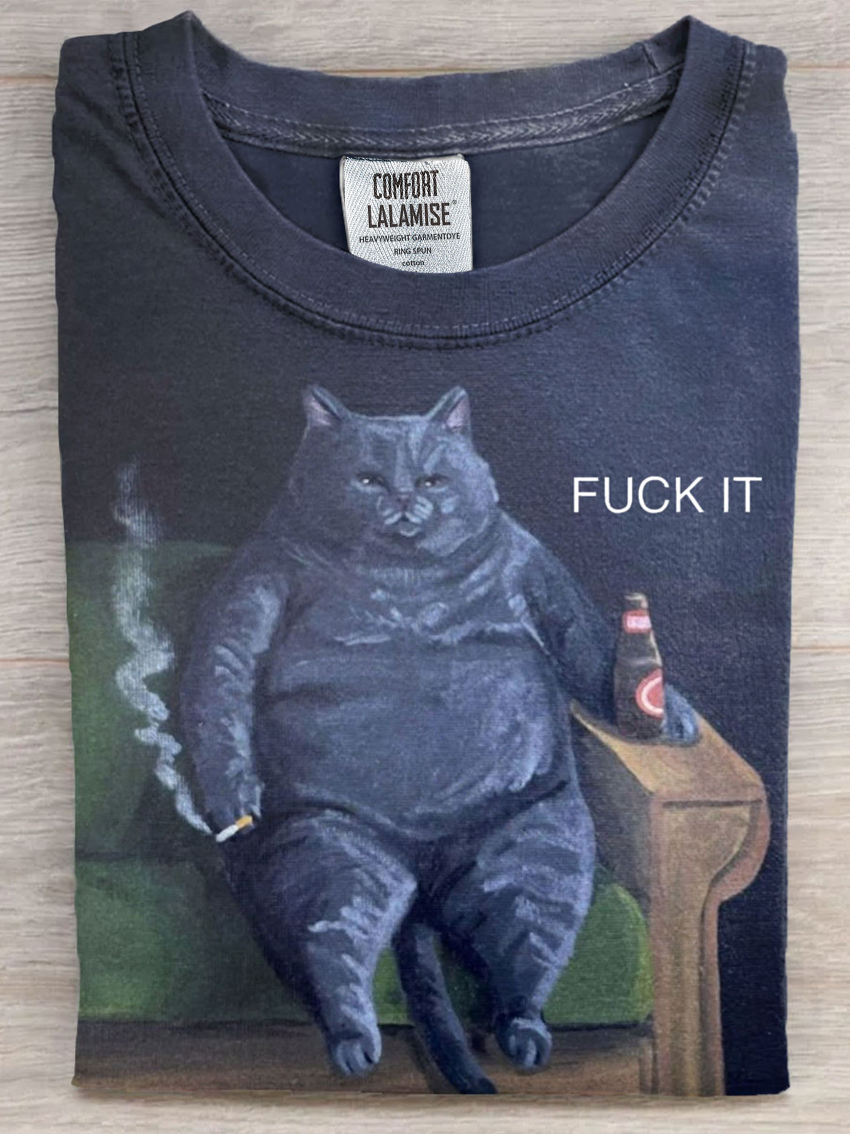 Funny Fat Smoking Cat Fuck It Art Print Casual Short Sleeve T-shirt