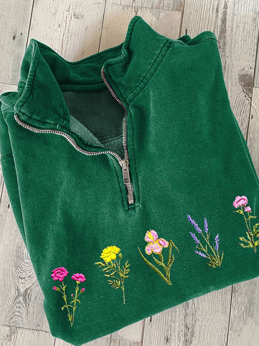 Wild Floral Art Print Casual Long Sleeve Zip Sweatshirt