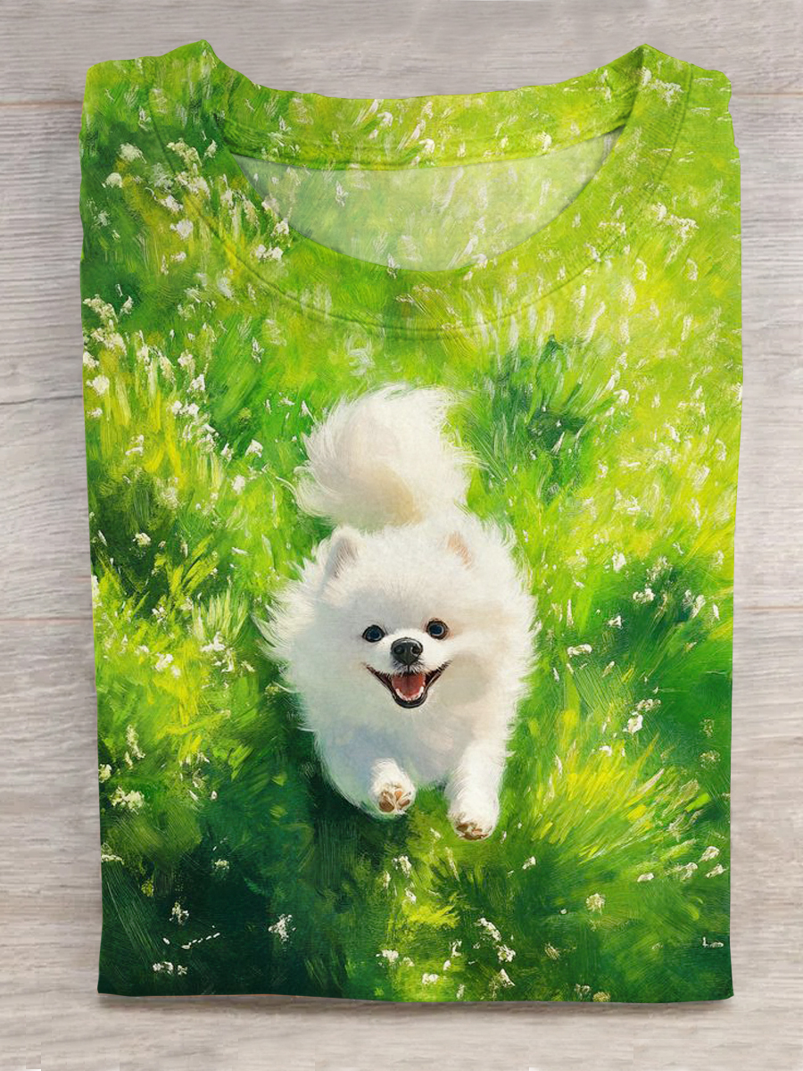 Dog Art Printed Crew Neck Short Sleeve T-Shirt