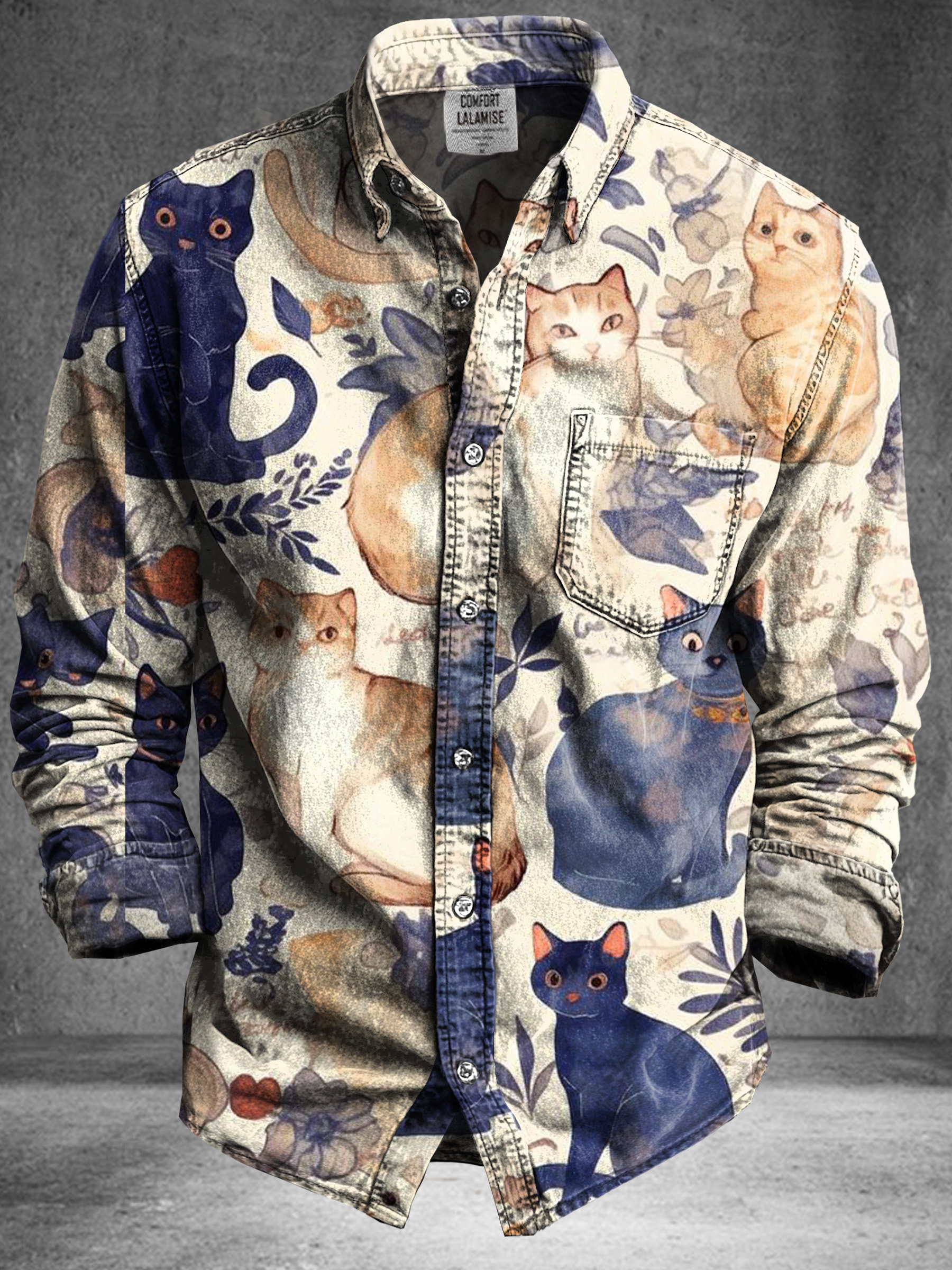 Vintage Abstract cute cat  Art Print 100% Cotton Long Sleeve Shirt