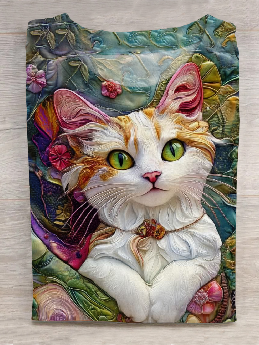 Cat Art Printed Crew Neck Short Sleeve T-Shirt