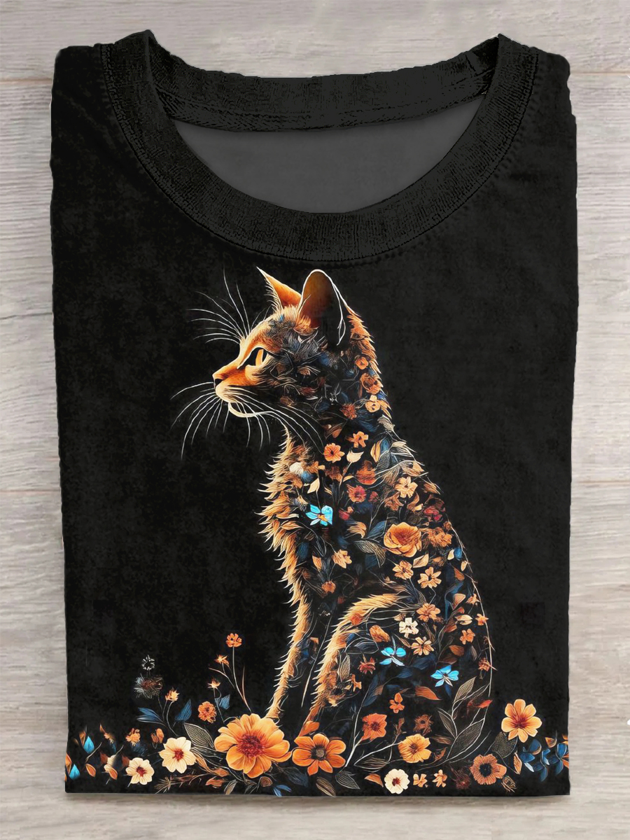 Cat Printed Vintage Fashion Loose Short Sleeve T-Shirt
