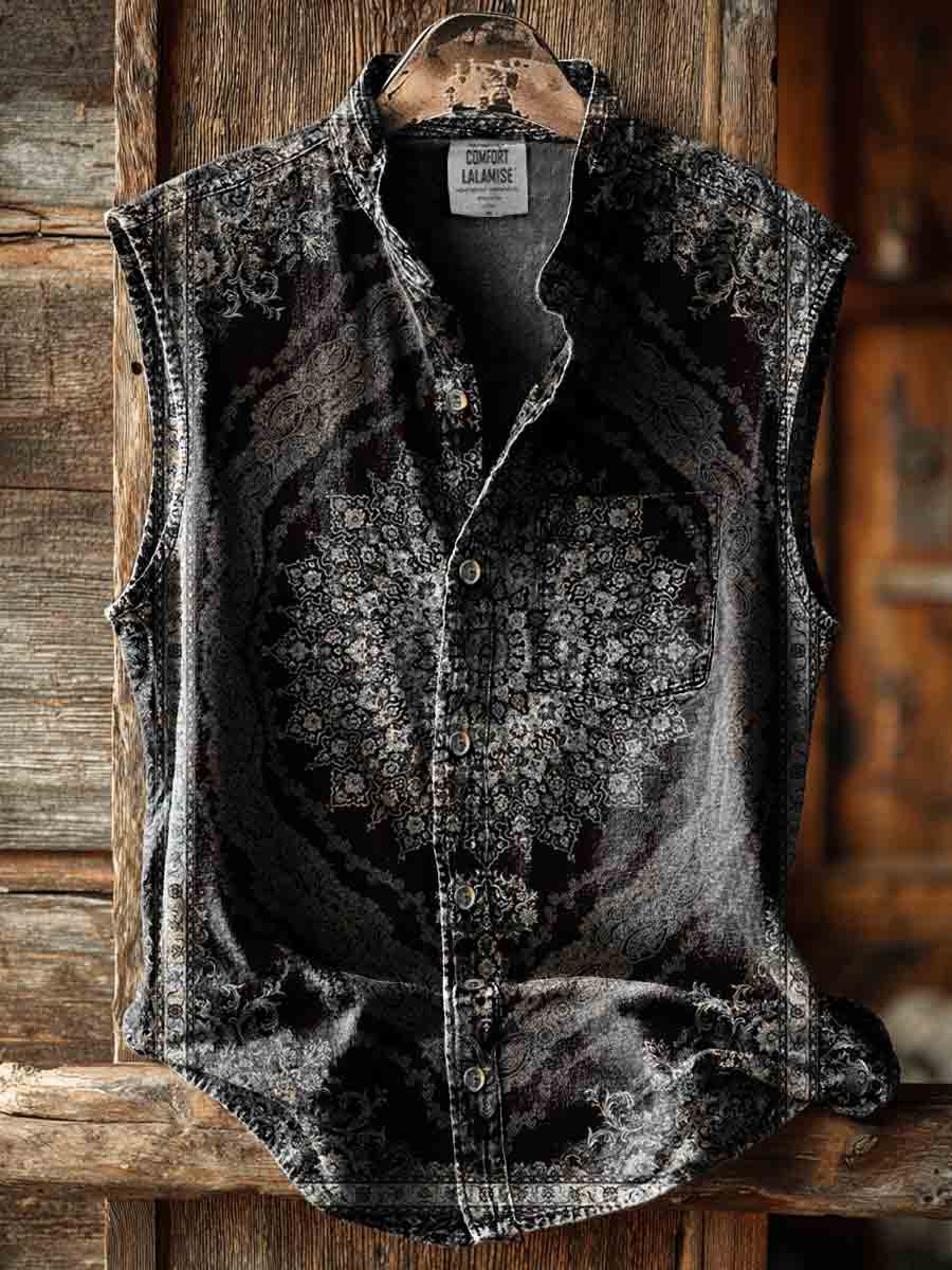 Vintage Ethinic Art Print Casual 100% Cotton Sleeveless Shirt