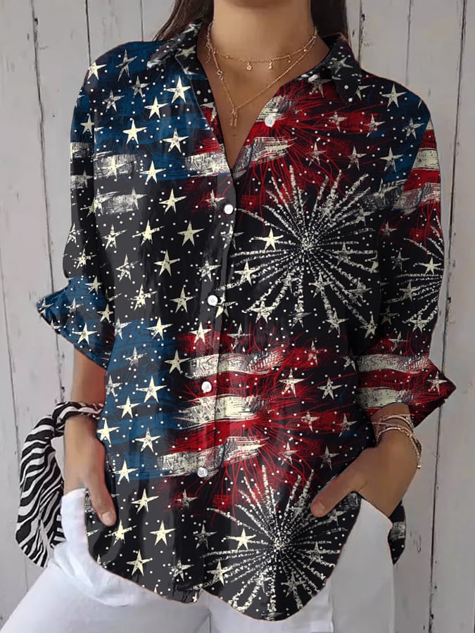 Women's Independence Day Vintage Flag Print Casual Shirt