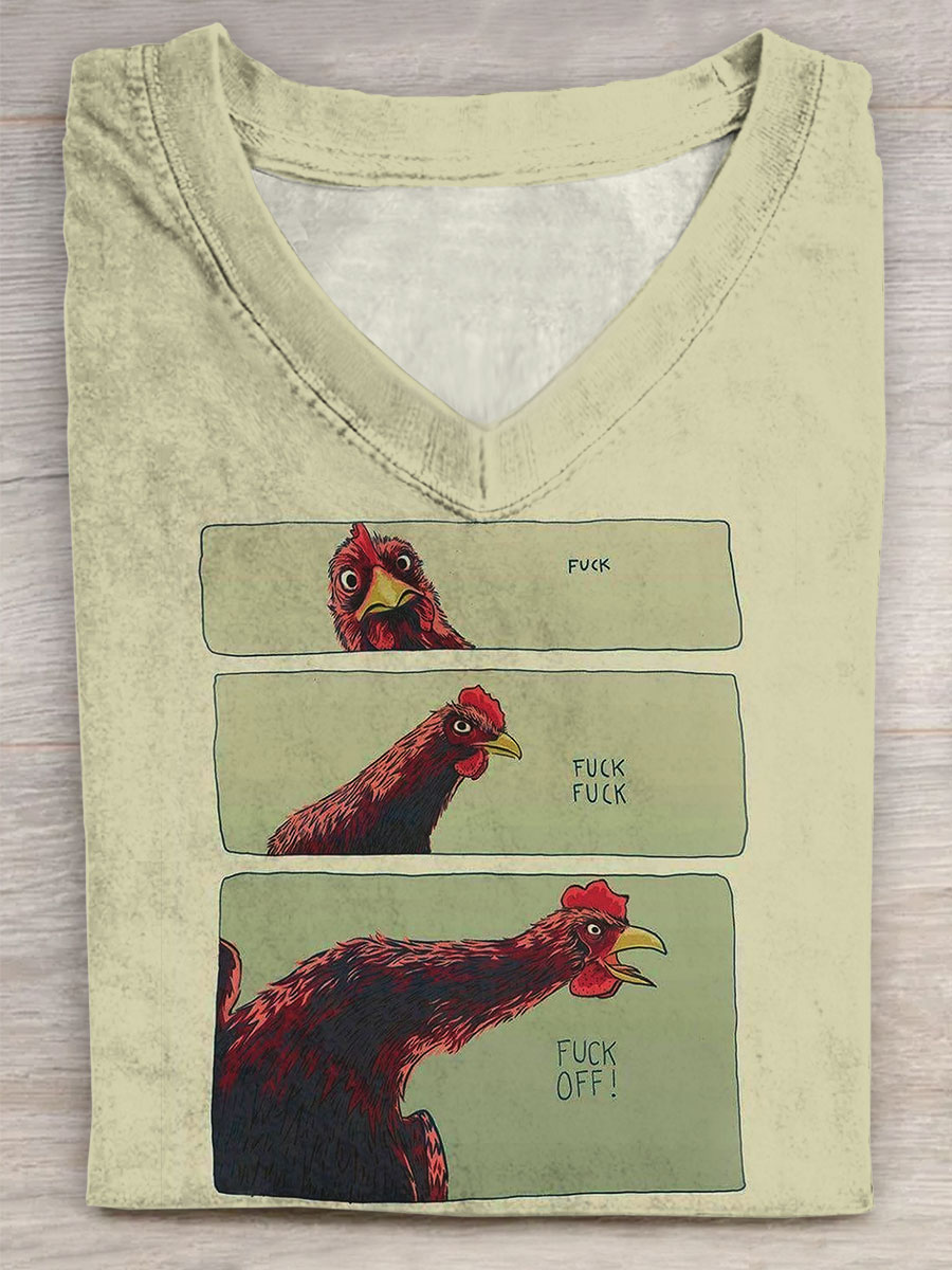 Chicken Funny Art Print V-neck Casual T-Shirt