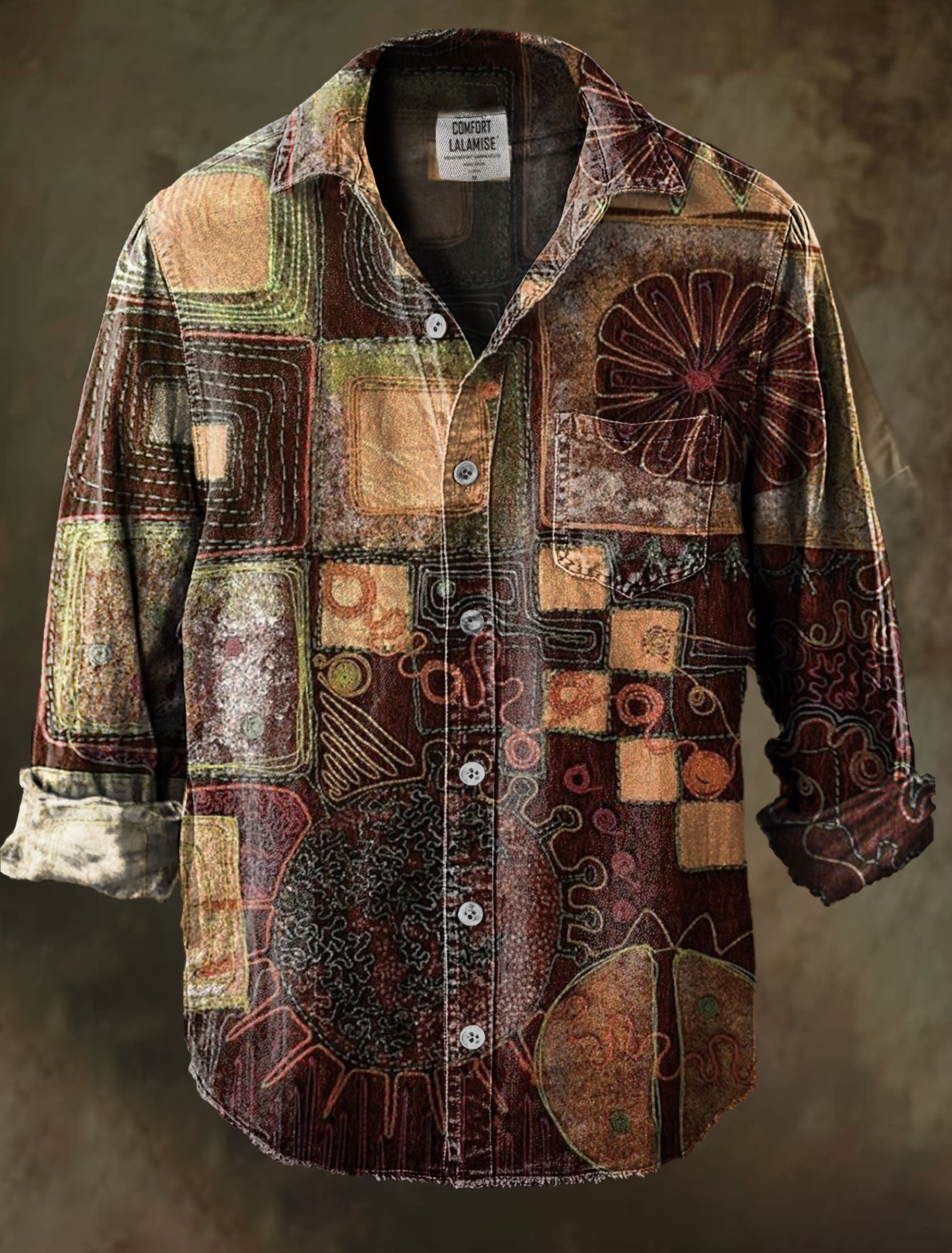 Vintage Embroidery patch Art Print 100% Cotton Long Sleeve Shirt