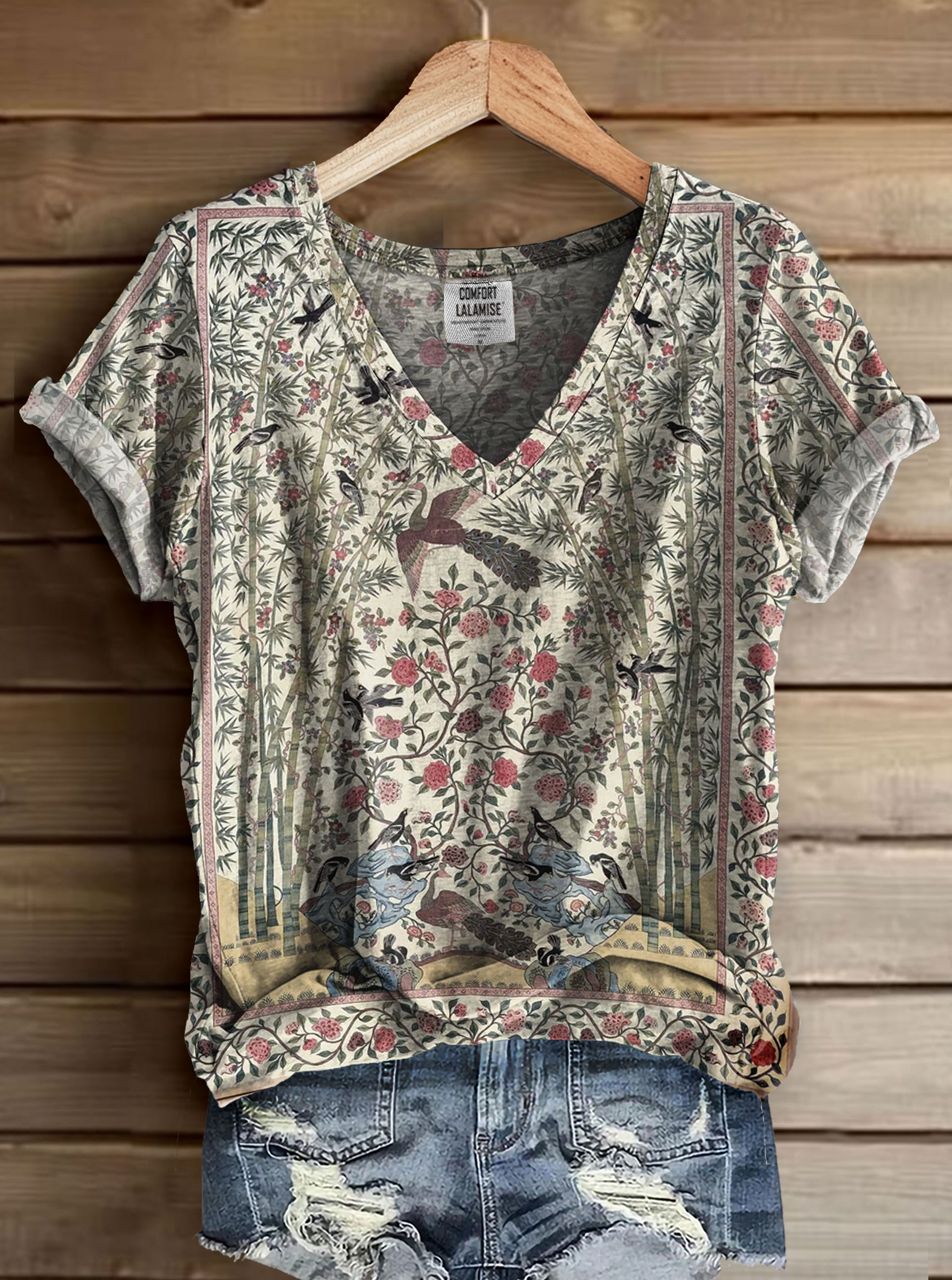 Vintage Art Print V-neck Casual T-Shirt