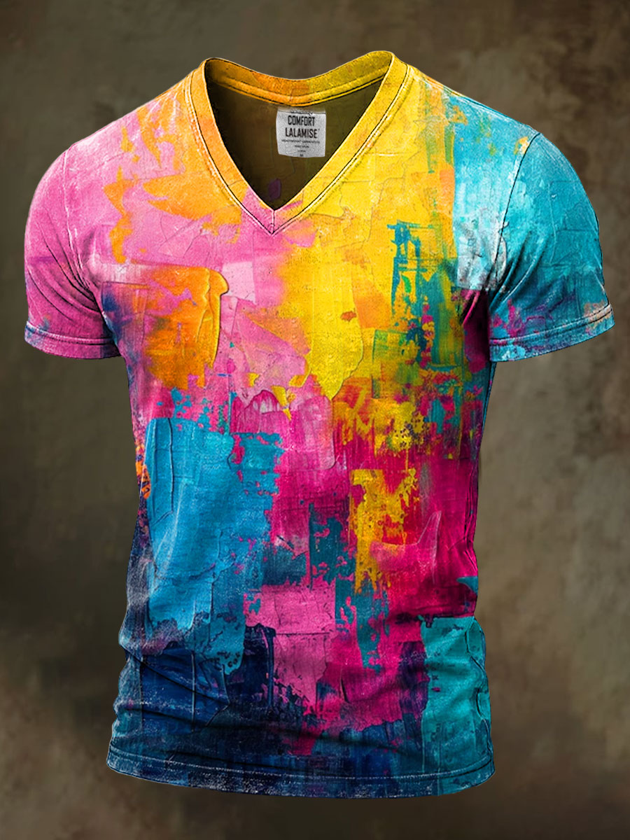 Hand-Painted Colorful Abstract Art Print Casaul Short Sleeve V-neck T-shirt