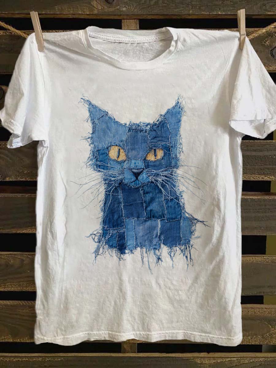 Cowboy Patch Cat Print Casual Short Sleeve T-Shirt