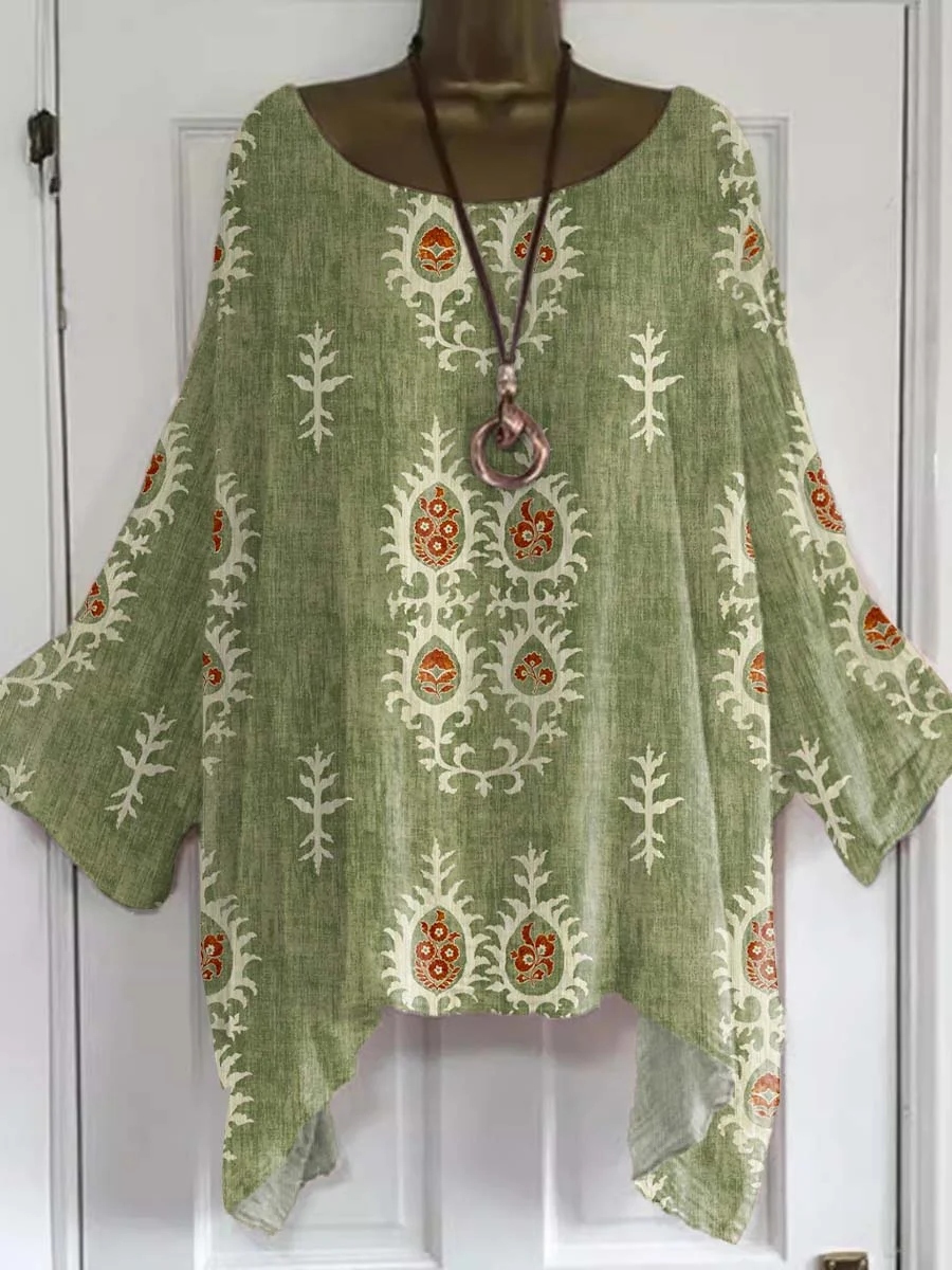Women's Vintage Ethnic Floral Pattern Art Print Casual Top