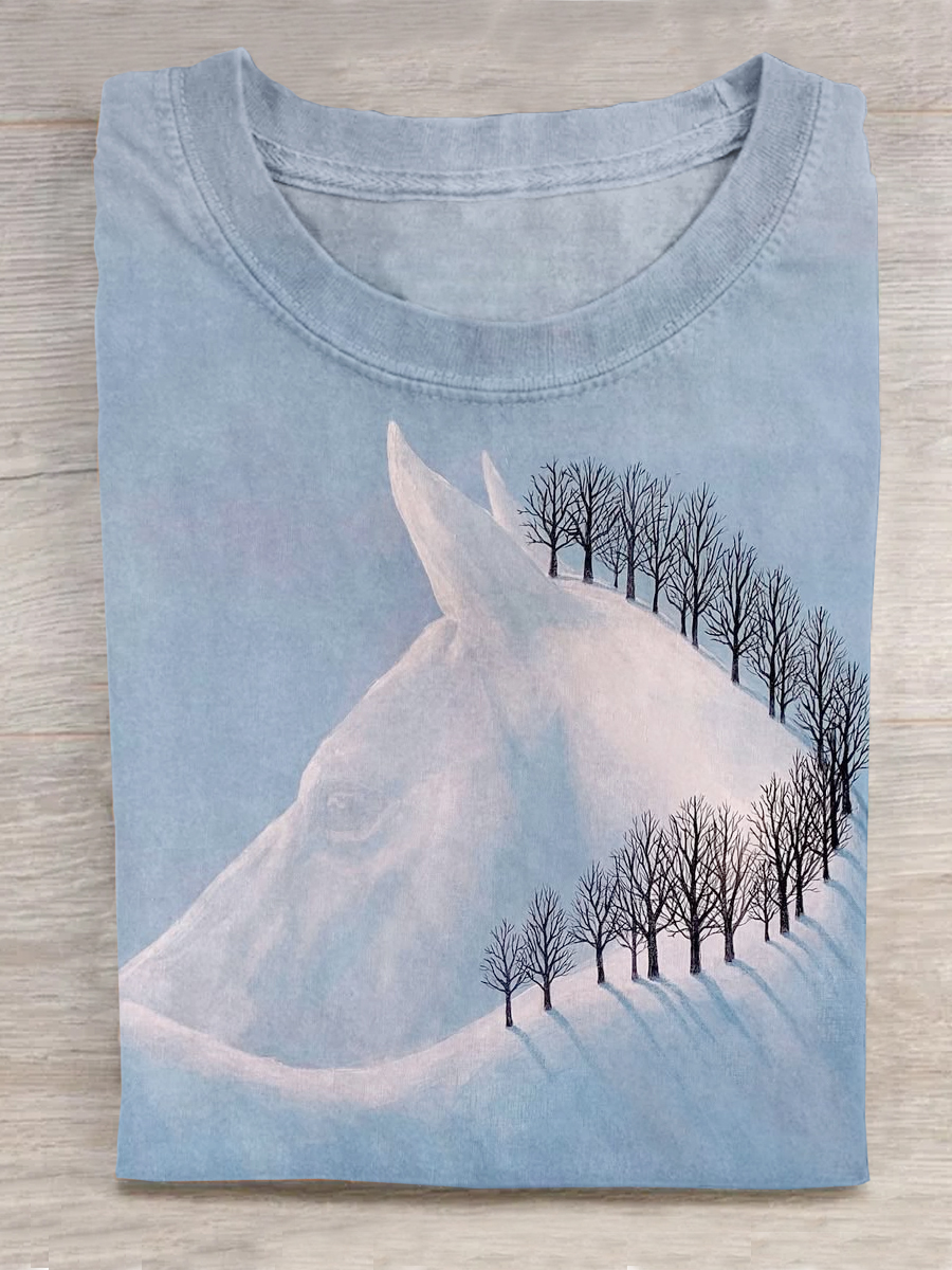 Horse Art Printed Crew Neck Short Sleeve T-Shirt