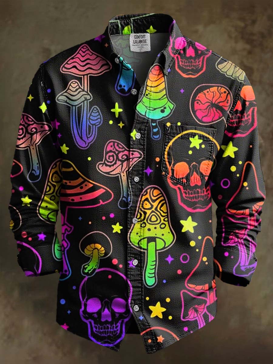 Colorful Skulls and Magic Mushrooms Print 100% Cotton Long Sleeve Shirt