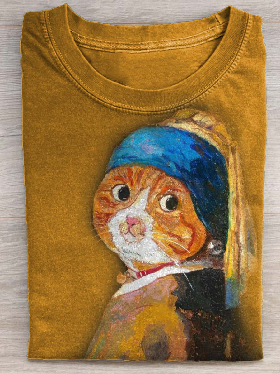 Girl with A Pearl Earring Cat Art Print T-shirt