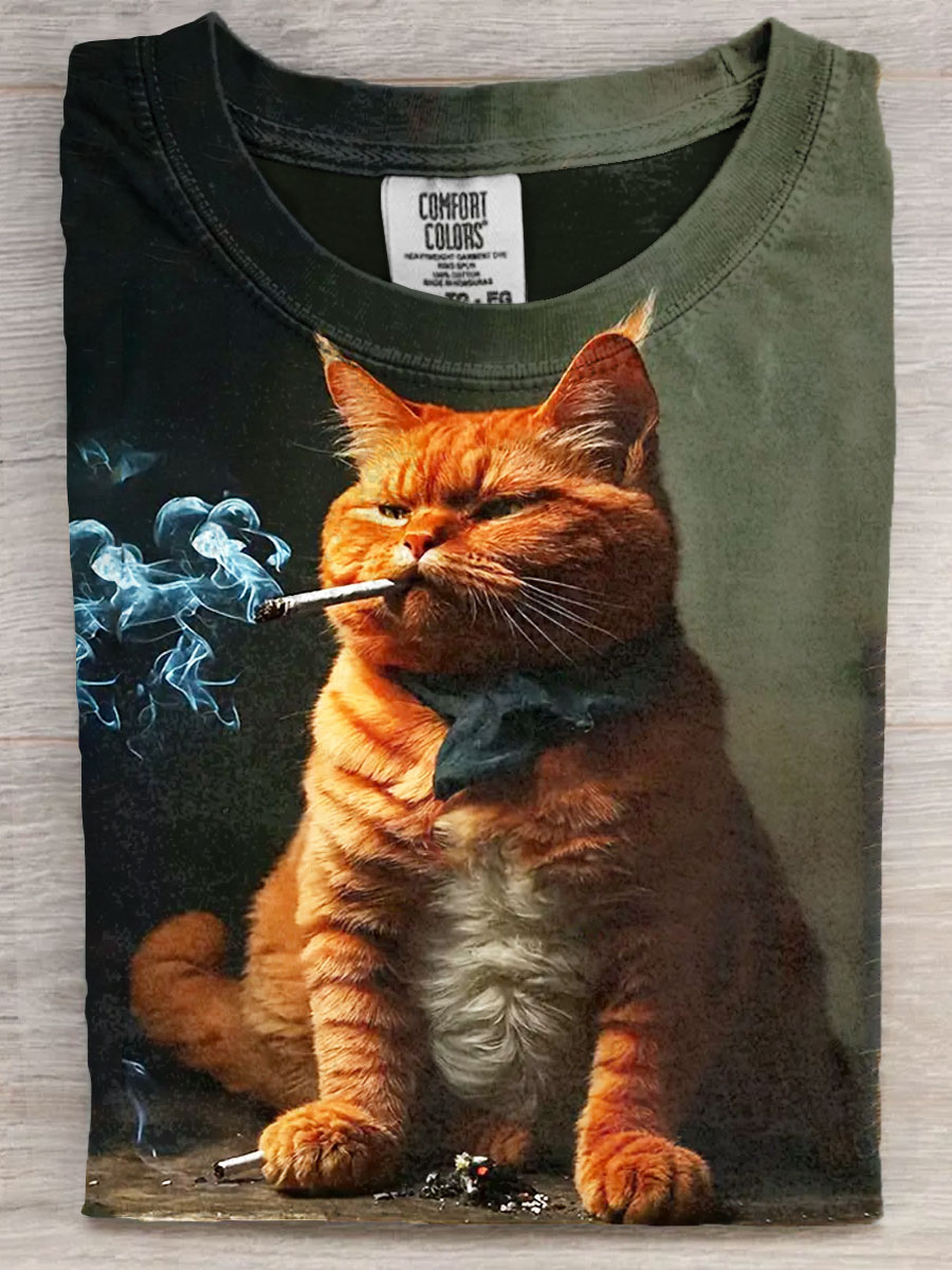 Funny Smoking Cat Art Print Casaul Short Sleeve T-shirt
