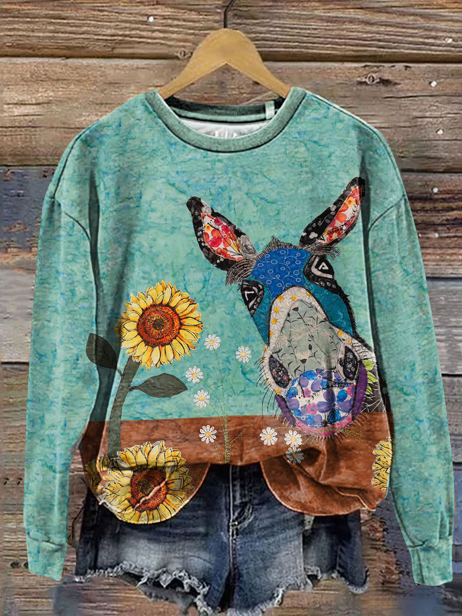 Donkey Patchwork Farm Life Art Print Casual  Sweatshirt